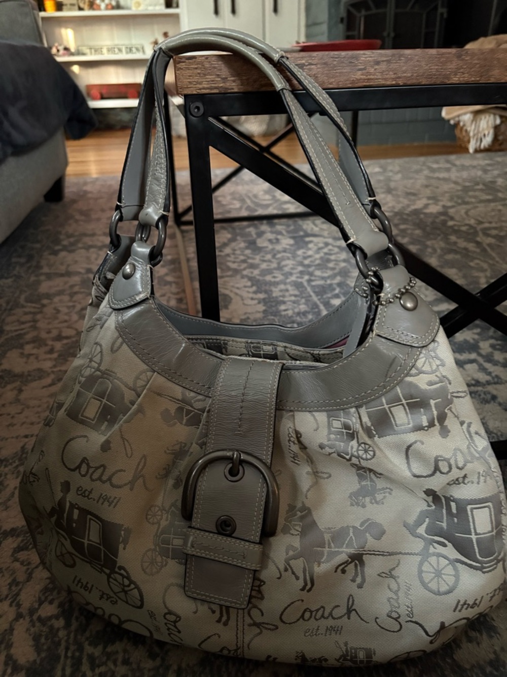 Coach Gray Signature Canvas Hobo Bag with Gray Leather Trim